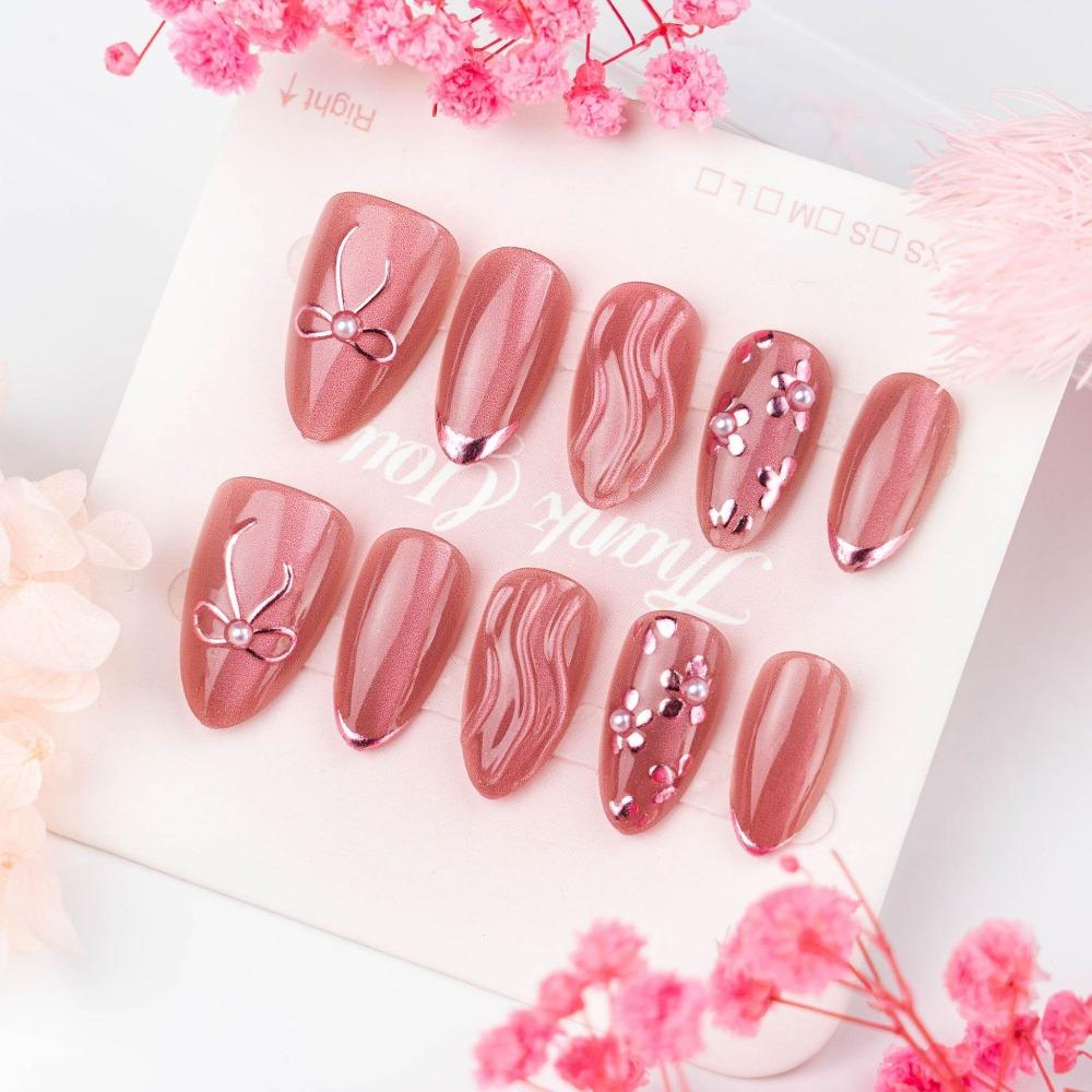 Reusable Handmade Summer 3D Nails Waterproof Wearable Manicure 3D Flower Gel Nails Artificial Full Cover French False Nails