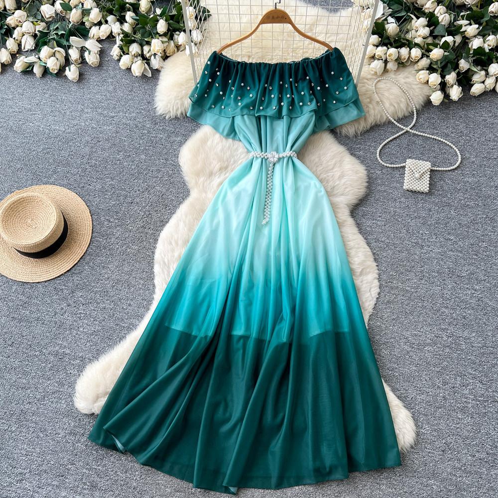 New Women's Summer Sleeveless Print Dress Pearl One-Neck High Waist A-Dress Commuter High Street Style