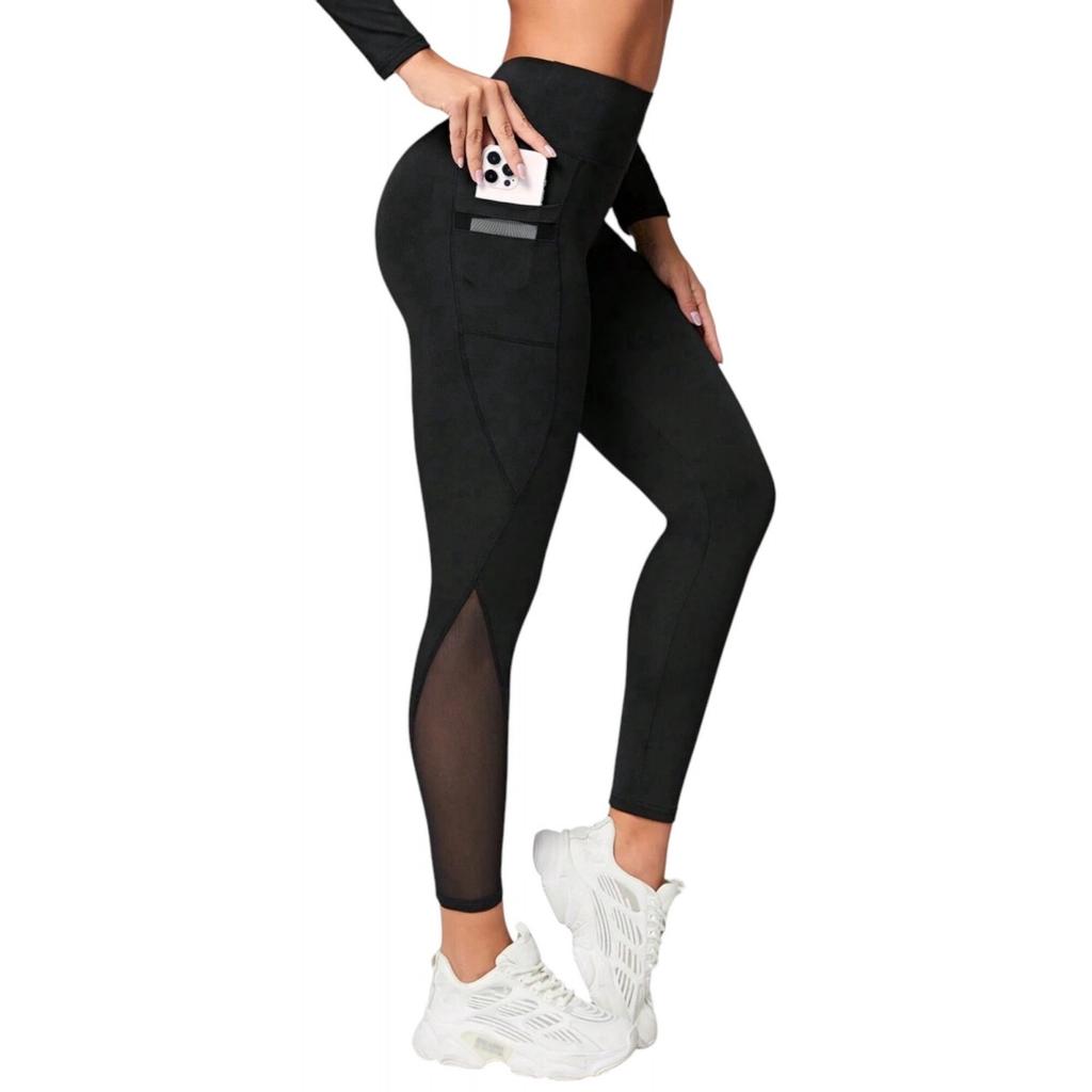 High-Waist Sport Leggings with Mesh Side Pocket for Phone, Black