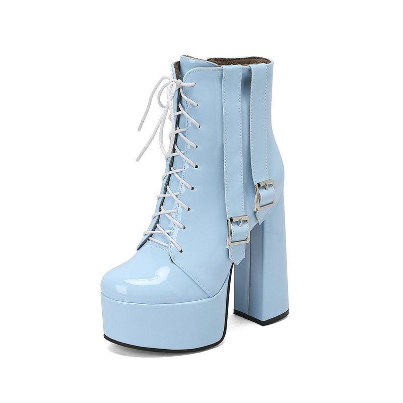  short boots patent leather round head thick sole thick heel super high heel front lace-up Martin boots belt buckle  ankle short boots