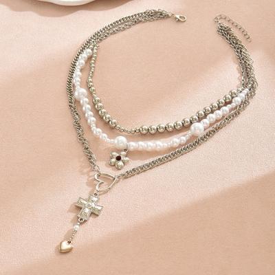 Trend Heavy Industry Cross Love Pendant Necklace Multi-layered Design Flower Pearl Necklace
