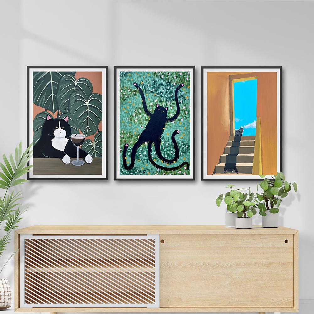 Abstract Green Plant Flower Black Cat Wall Art Canvas Painting Funny Posters And Prints Wall Pictures For Boho Living Room Decor
