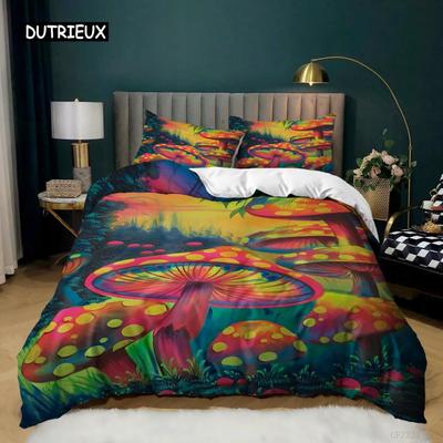 Pilz Bettbezug Set Queen Size Mikrofaser Pilze Verschnörkelte Kritzeleien mit Wirbeln Augen Psychedelische Botanik Bettwäsche Set Für Teenager