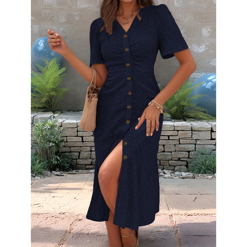 Women's Eyelet Embroidery V Neck Maxi Dress Short Sleeve Ruched Button Front Mermaid Hem Casual Dress