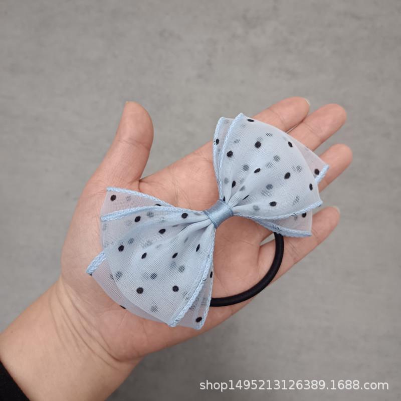 

New Sweet Student Hair Rope Light Blue Polka Dot Polka Dot Silk Yarn Bow Headrope Hair Band Rubber Band синий