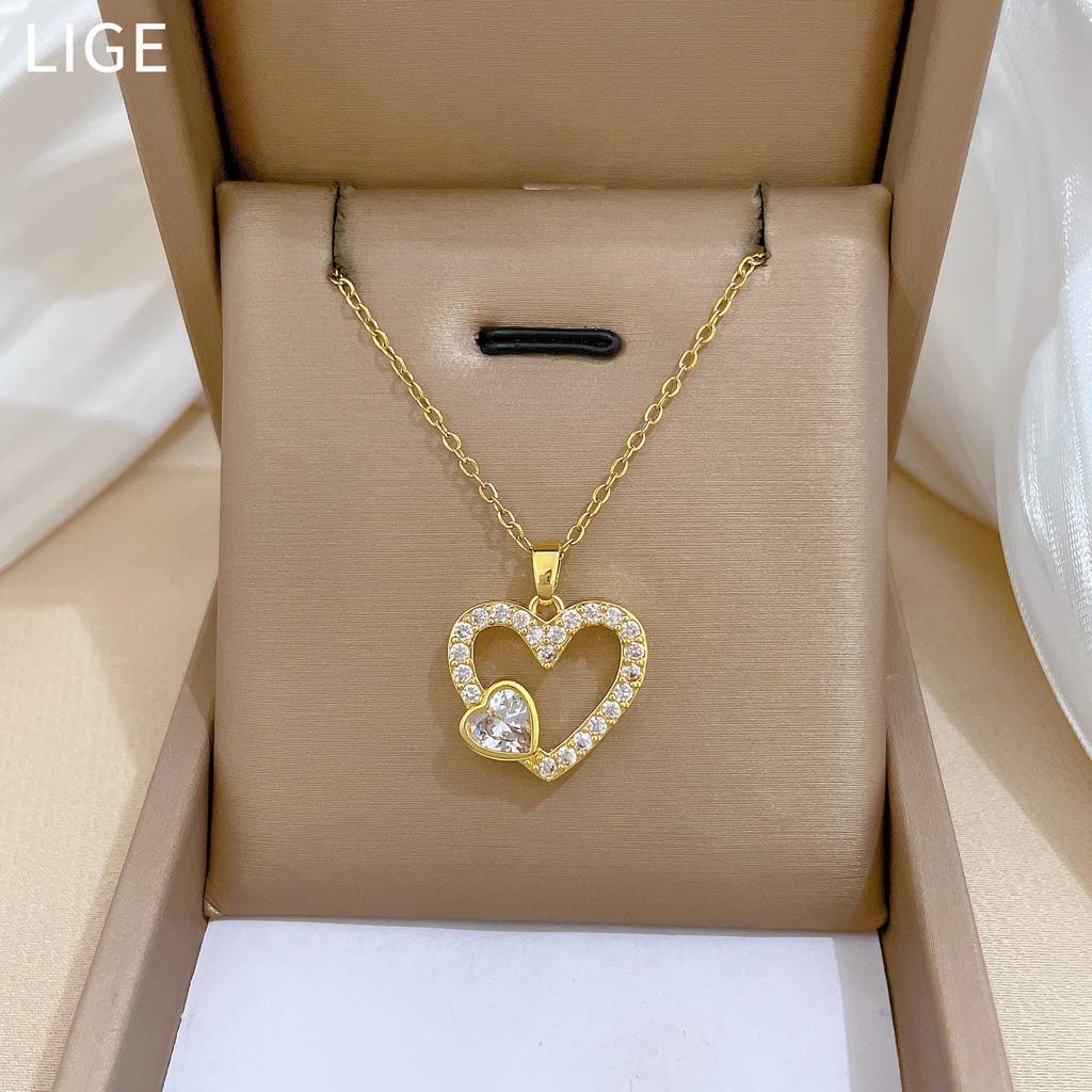 Full Diamond Peach Heart Love Fashion Light Luxury Temperament Gorgeous Full Diamond Necklace Female Versatile Collarbone Chain Titanium Steel
