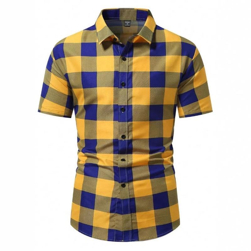 Camicia Casual da Uomo a Maniche Corte a Quadri Rossi e Neri con Bottoni