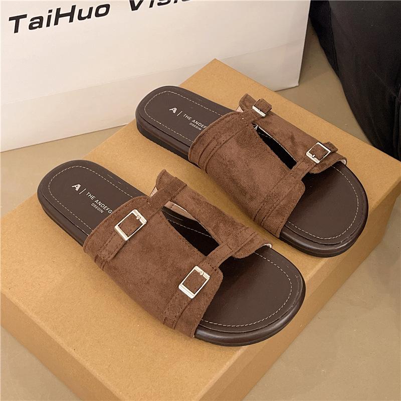 Women s French Retro Sandals Slippers Shoes New Flat Bottom Beach Vacation Sandals Korean Outdoor Wear-resistant Non-slip Comfortable Sandals 40 темно-коричневого 1949₽