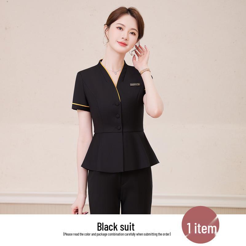 Women's 2025 Summer Collarless Short Sleeve Suit Set for Professional Jewelry Store/Hotel Reception Staff