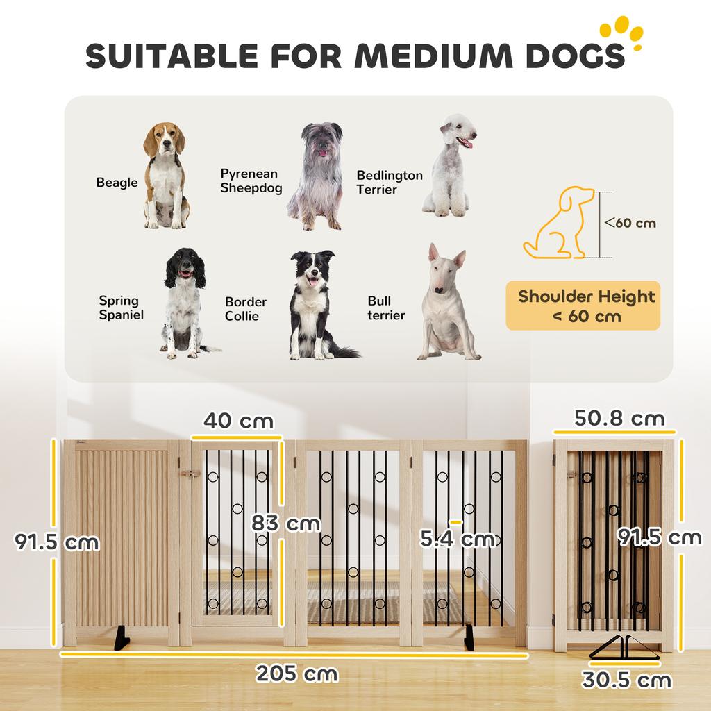 4 Panel Freestanding Pet Gate, Indoor Dog Barrier with Lockable Door, Support Feet, 360 Degrees Flexible Hinges, Oak