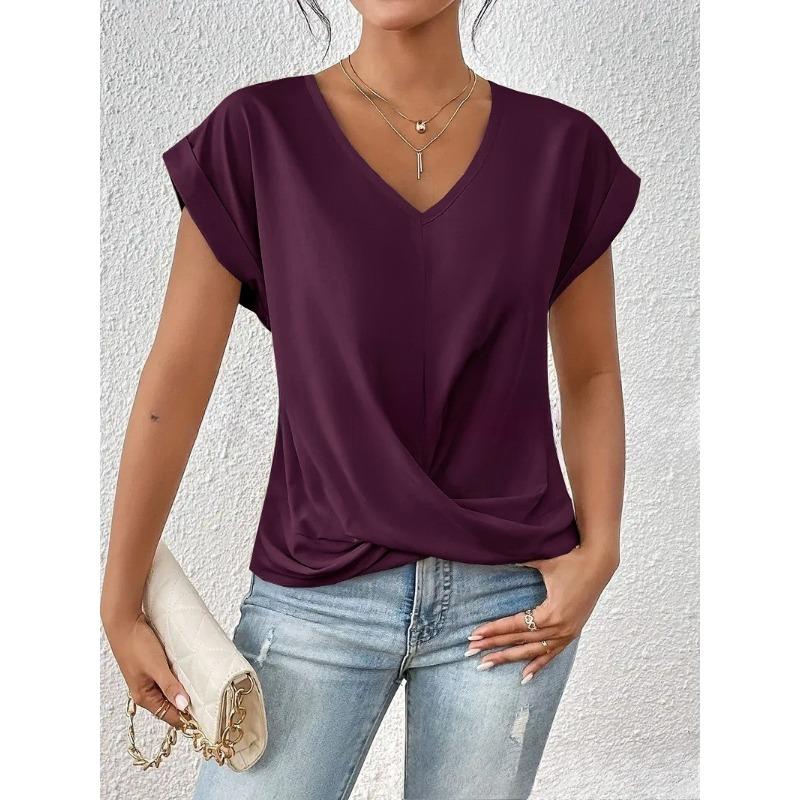 Damenmode Lässig Sommer Frühling Einfarbige Druck Kurzarm V-Ausschnitt Blusen Hemden