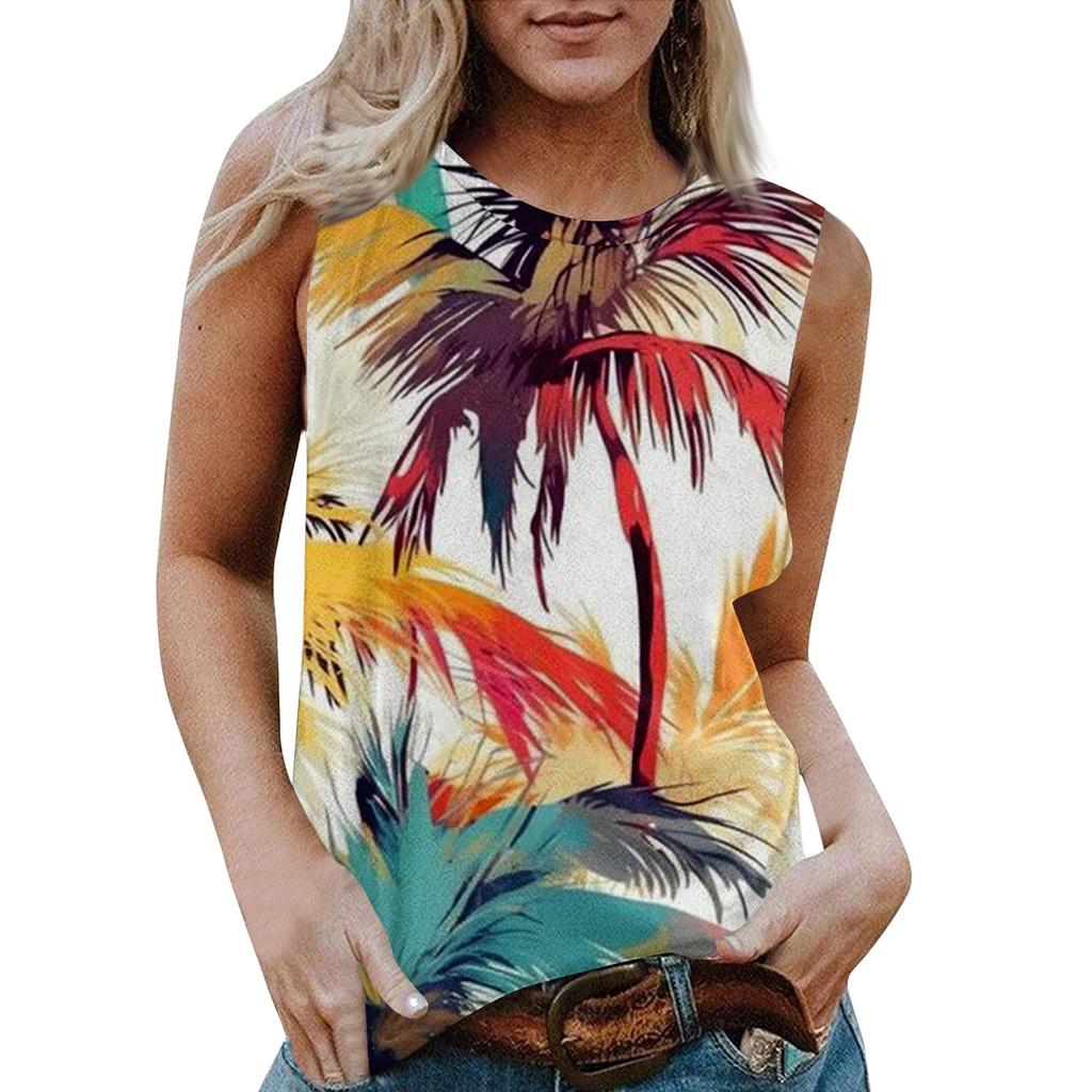 Blusa Regata Casual Feminina de Gola Redonda Sem Mangas com Estampa Havaiana X