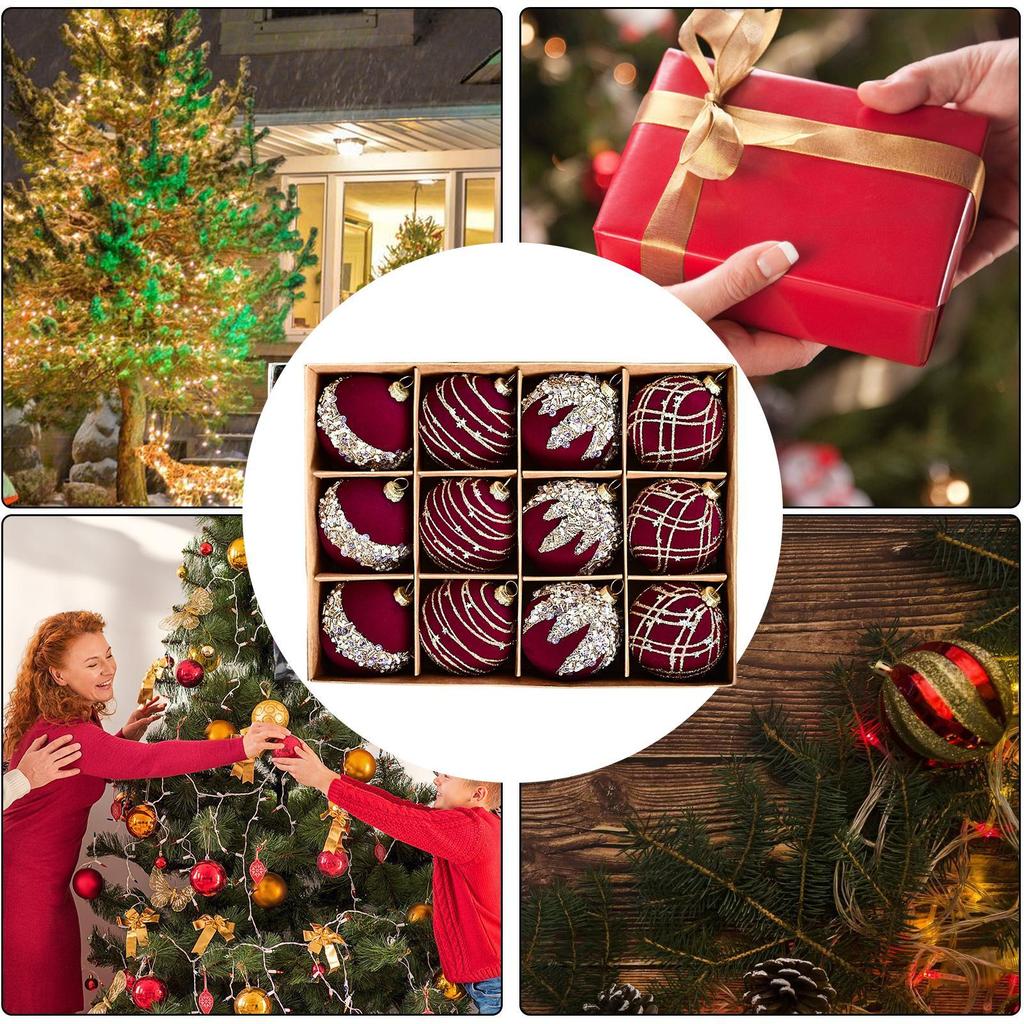 Velvet Flocked Christmas Balls 12X Christmas Tree Ball Decorations Retro Decorative Christmas Tree Ball With Glitter For New