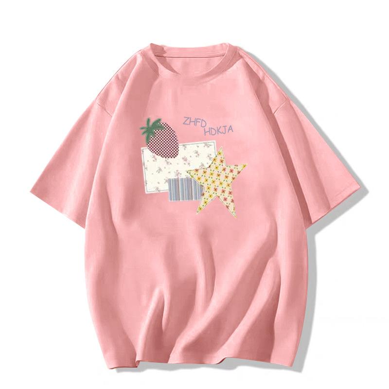 catty pure cotton American retro small man front shoulder short-sleeved t-shirt women's summer loose lazy half-sleeved t-shirt top