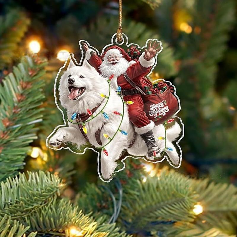 2026 Santa Claus And His Funny Dog Ornament 2D Flat Acrylic Pendant Christmas Decoration For Home Xmas Tree  Year Kerst