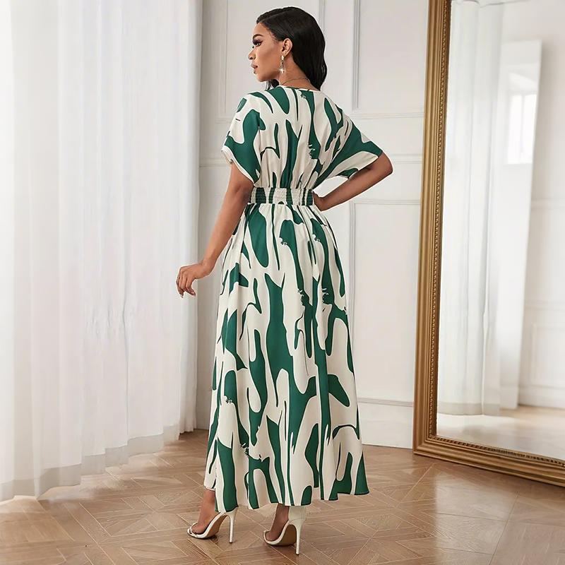 Women Summer Short Sleeve Color Matching Holiday Beach One Piece Dress