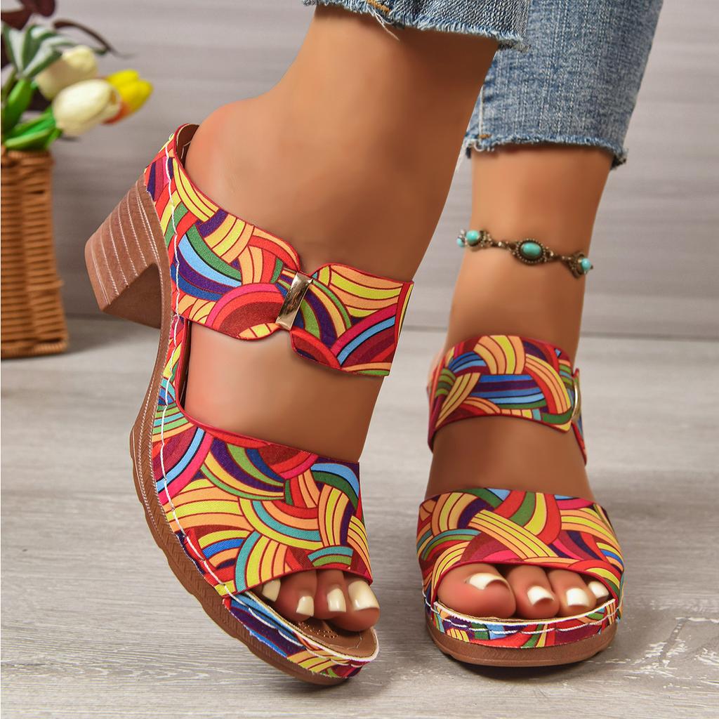 Foreign trade new graffiti large size high heel slippers women buckle light thick heel cool slippers wish source