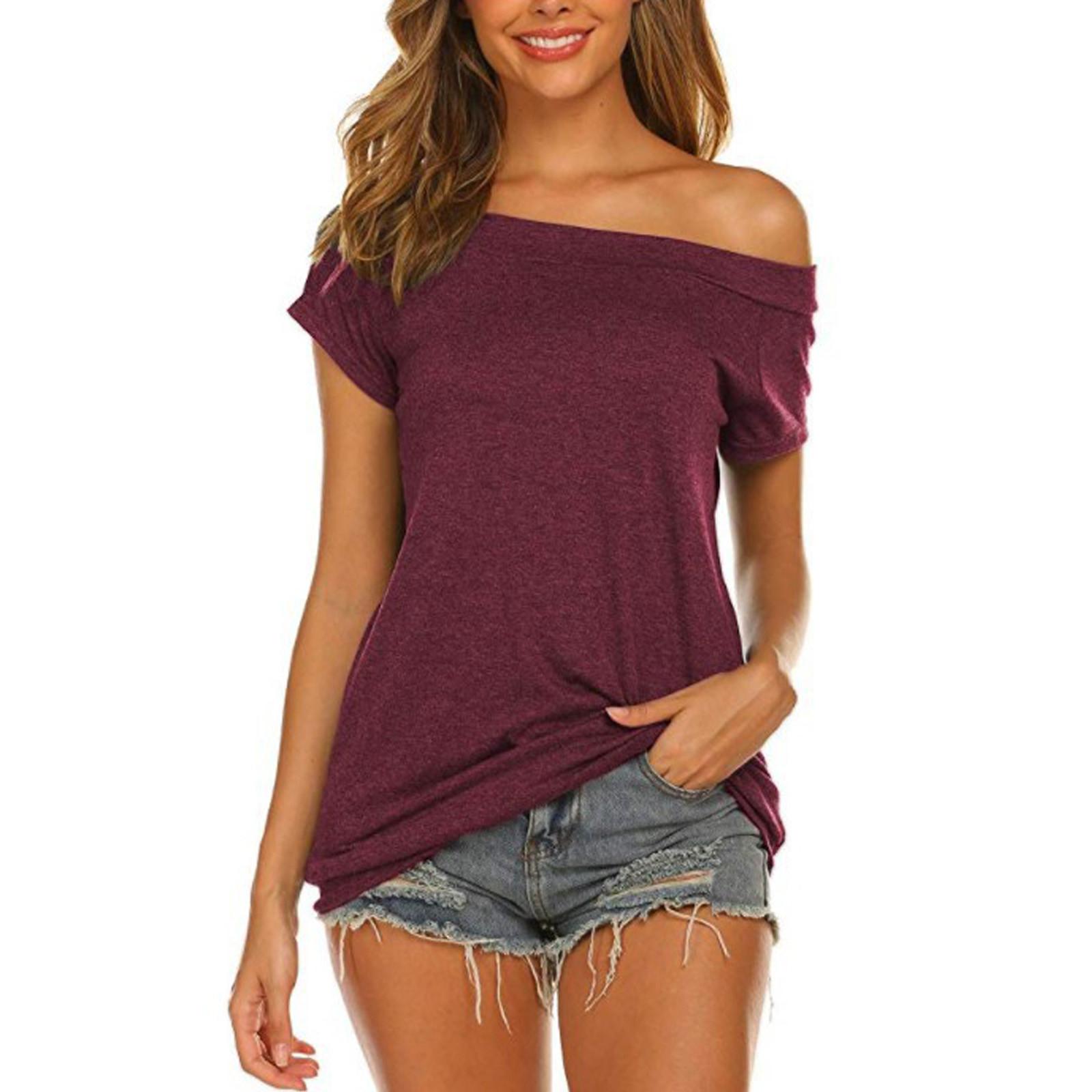 

Женская однотонная свободная футболка с открытыми плечами и короткими рукавами с однотонным воротником XXL винный