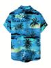 [Print Design - Not Texture] Men'S Print Tropical Palm Tree And Sunset Short Sleeve Shirt - Vibrant Hawaiian Beach Scene, Breathable Polyester