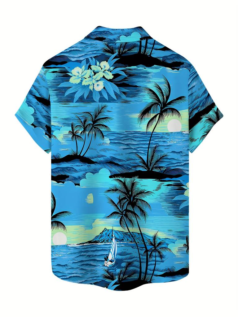[Print Design - Not Texture] Men'S Print Tropical Palm Tree And Sunset Short Sleeve Shirt - Vibrant Hawaiian Beach Scene, Breathable Polyester