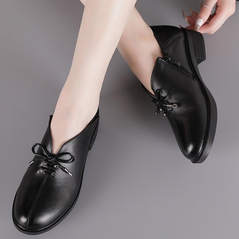 Autumn New Top Layer Cowhide Thick Heel Women's Single Shoes Korean Casual Work Shoes Comfortable Leather Professional Shoes Fashion Shoes