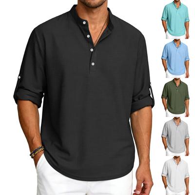 Men Henley Neck Long Sleeve Casual Shirt Lightweight Cotton Linen Roll Up Sleeve Loose Fit Top