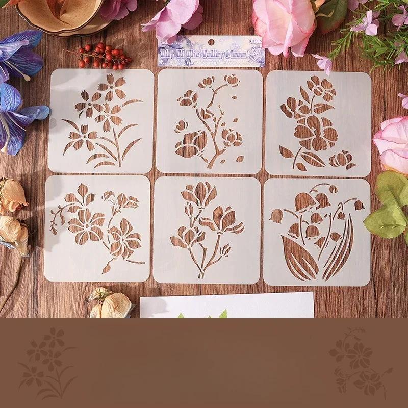 6pcs/set Retro Aesthetic Floral Stencils Scrapbook Journal Stencils for Painting Mini Portable Wall Plastic Stencil Templates