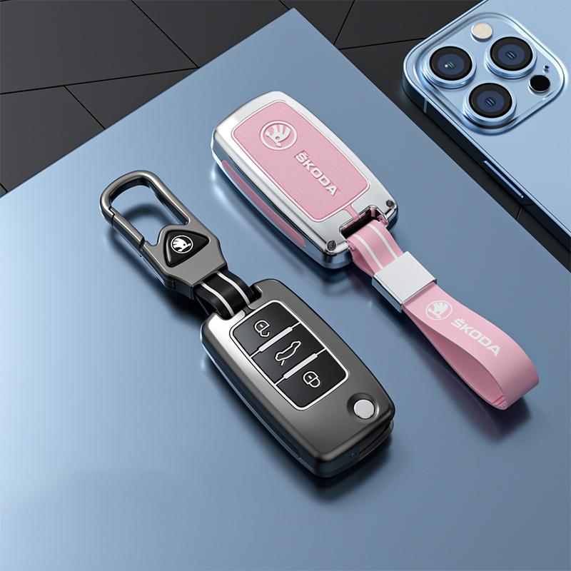 AAAJJ1 Car Zinc Alloy Leather Key Case Cover Holder Shell Fob For Skoda Octavia A5 A7 Fabia Superb Kodiaq Karoq Protection Accessories