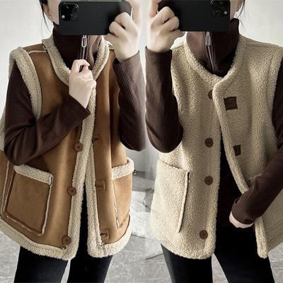 Double-Sided Vest Women's Vintage Sheepskin Fur Vest Reversible Waistcoat Autumn Winter Brown Vest