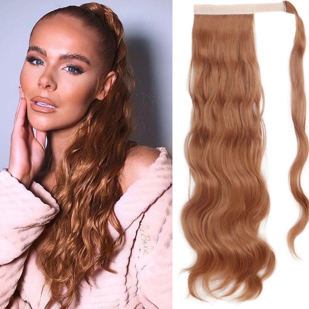 XINRAN Langer, gewellter Pferdeschwanz zum Umwickeln, synthetischer Pferdeschwanz, Clip-in-Haarteil, schwarz-blond, burgunderfarbener Wellen-Pferdeschwanz für Frauen