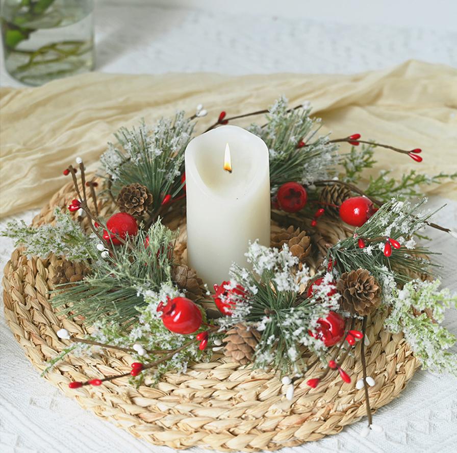 Christmas Candle Rings Table Decoration Christmas Wreath Candle Holder Ring Red Berries Table Centerpieces Candle Wreath