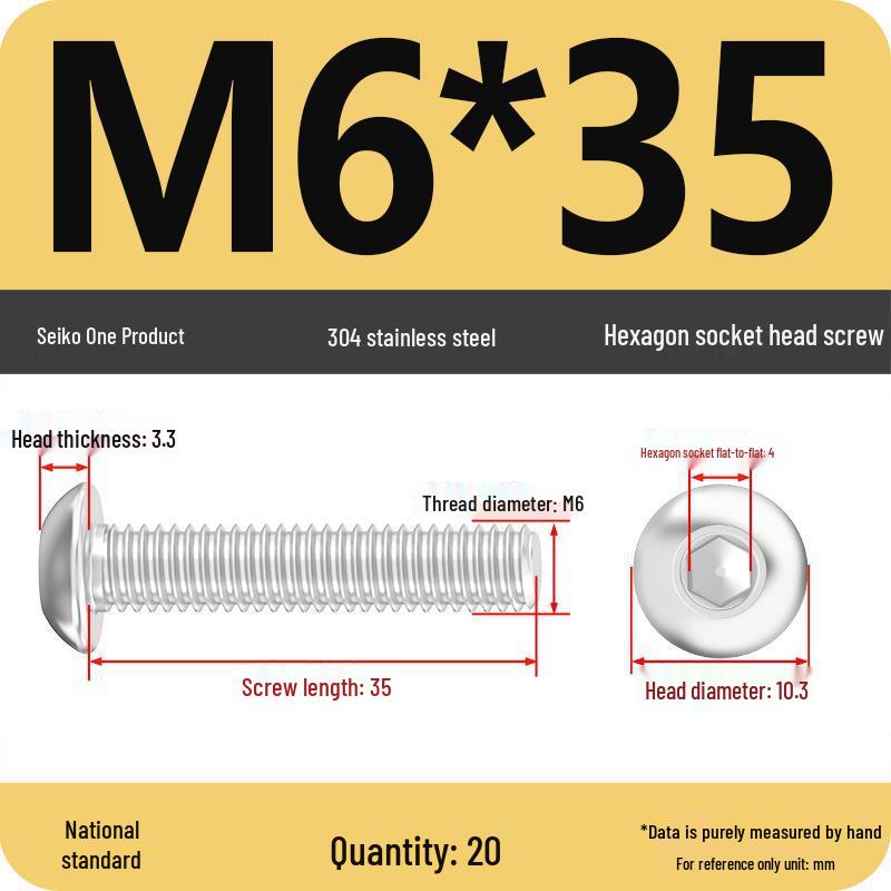304 Stainless Steel Pan, Half, and Round Head Hexagon Screws (M2-M12)