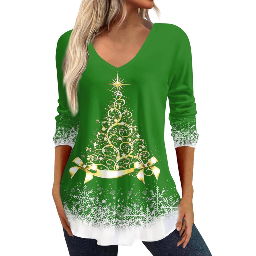 3/4 Sleeve Shirts For Women Christmas Print Graphic Tees Blouses Casual Plus Size Basic Tops Pullover