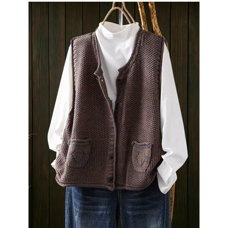 DIMANAF 2026 Autumn Winter New Plus Size Women Vintage Knitted Vest Coat Casual Sleeveless Button Pockets Sweater