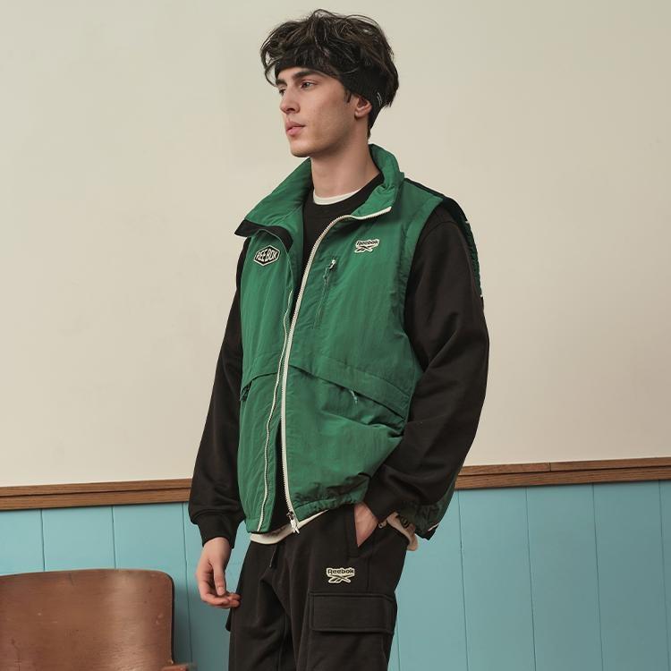 Reebok Colorblock-Logo Gesticktes Abzeichen Warme Gewebte Daunenweste Unisex-Weste Dunkelgrün Schwarz 23FRC283UGL1