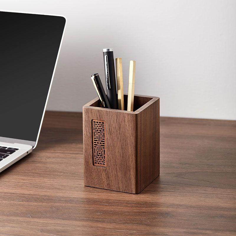 1pcs Solid Wood Multifunctional Pen Holder - Retro Desktop Organizer with Engraving Office Storage Box for Pencils Phone Stand