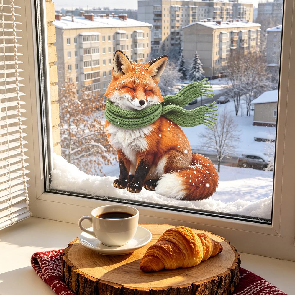 Green Scarf, Red Fox Home Decor, Glass Display Window Beautification Decorative Static Cling Stickers