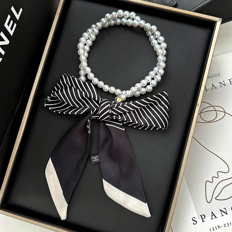 Faionable Polka Dot Scarf Waist Belt For Women Decorative Pearl Splicing Neck Ribbon Elegant Stripes Fluttering Ribbon
