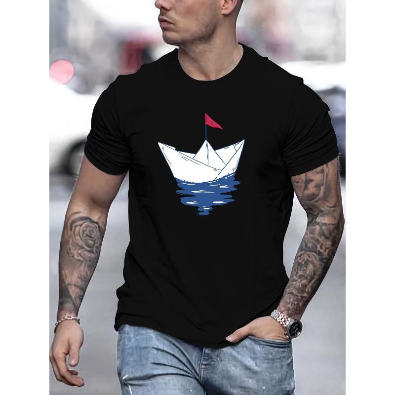 

European sizes Men s Short-sleeved T-shirt with Paper Boat Print for Spring, Summer, and Autumn Casual Wear 4XL чорний
