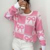Autumn and Winter New Sweet Christmas Pink Bow Knitted Sweater Loose Top Women's Clothing