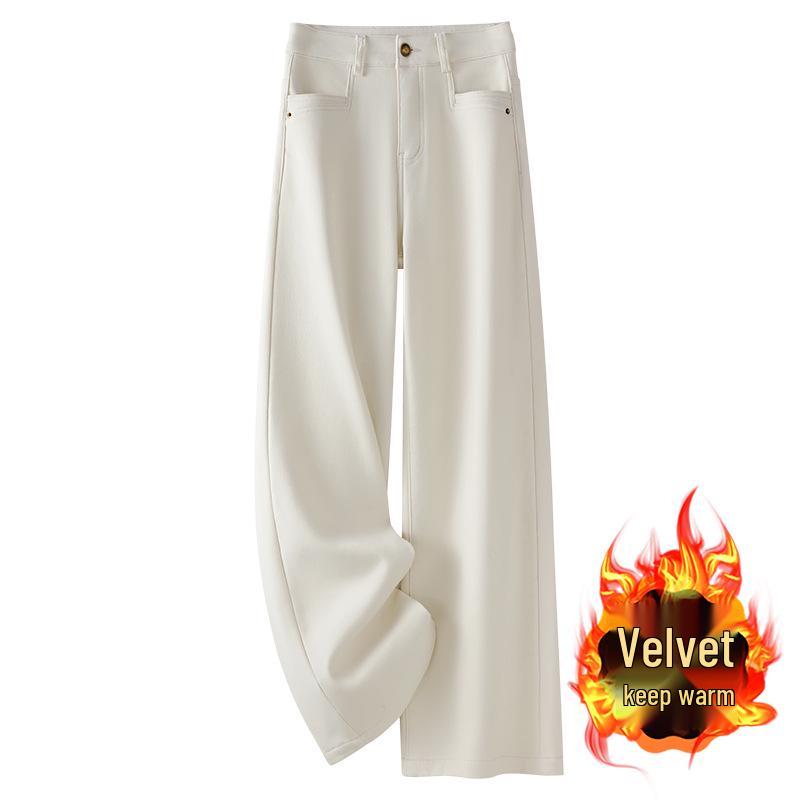 

Women s White Fleece-Lined High-Waisted Wide-Leg Jeans for Autumn/Winter 2024 S