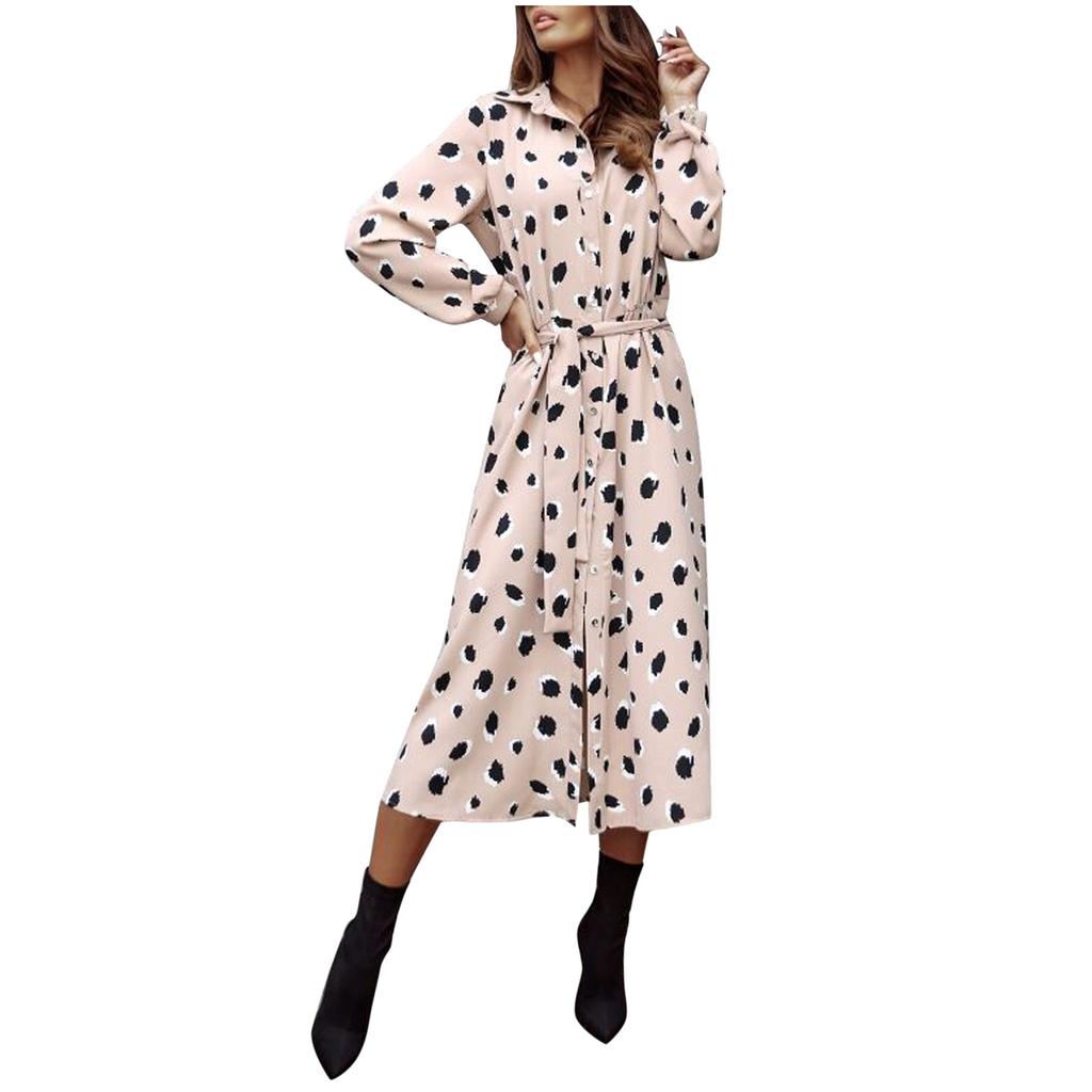 Women Leopard Chiffon Long Sleeve Printing Casual Party Vintage Boho Maxi Dress
