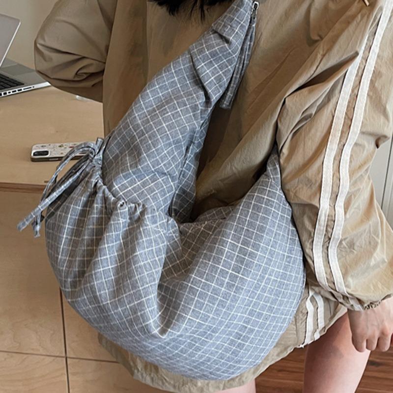 New plaid drawstring college student cloth bag for commuting to work shoulder bag preppy style casual crossbody dumpling bag