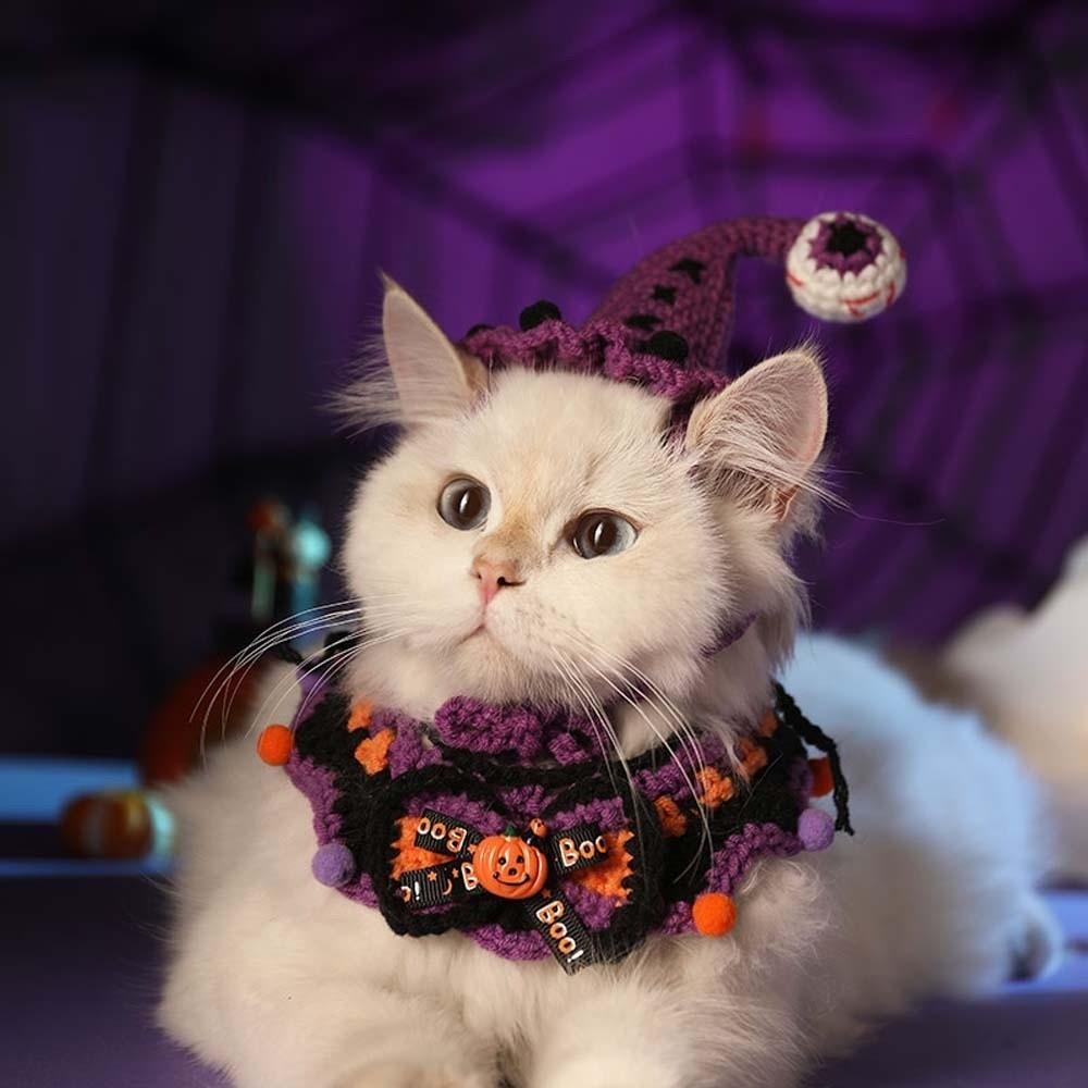 Pumpkin Halloween Cat Headgear Breathable Cat Woven Hat Bib Halloween Pets Costumes  Photos Props