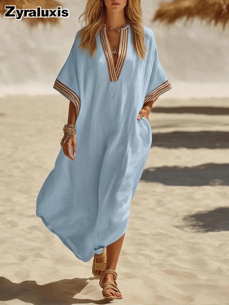 Lockeres V-Ausschnitt Damen Bohemian Maxikleid Sommer Strandurlaub Feiertag Sommerkleid