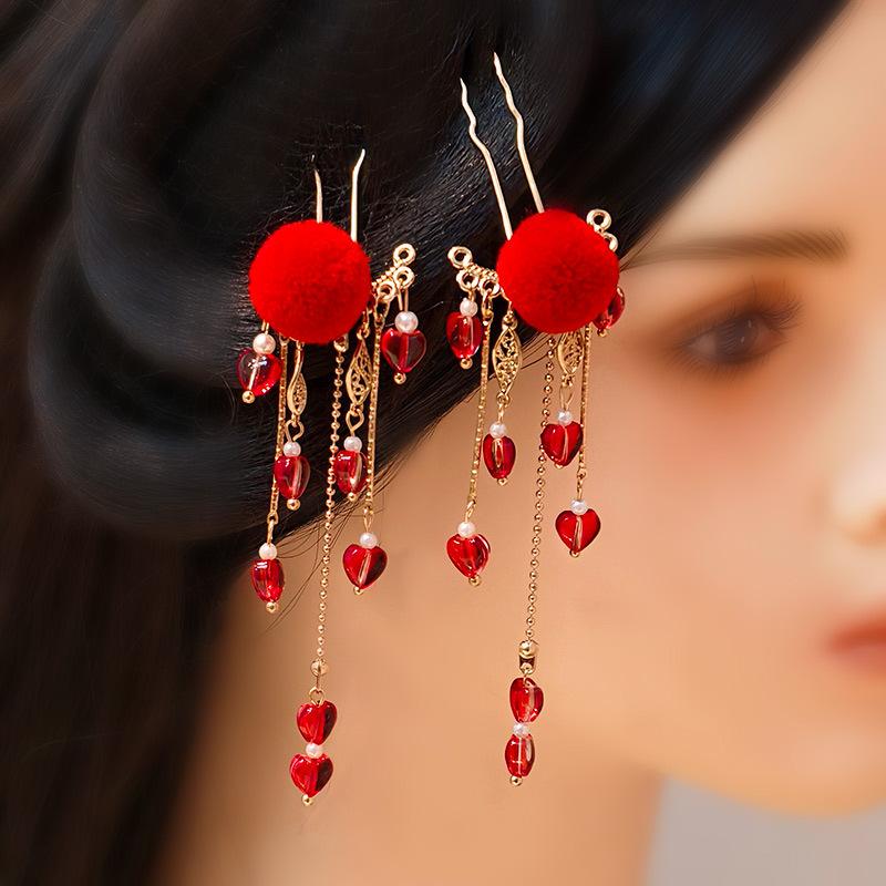 Red Maple Leaf Long Tassel Headdress Antiquity Hairpin Hanfu Cosplay Hair Clasp Step Shake