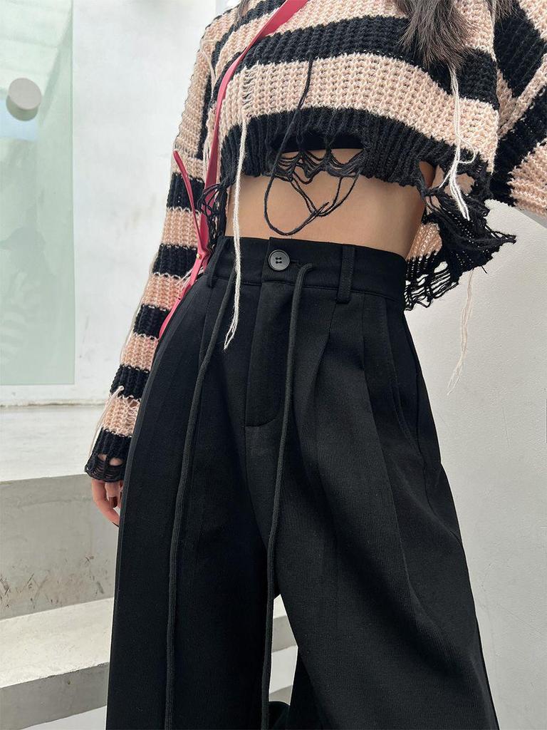 Gray High-Waist Wide Leg Women's Sweatpants - Spring/Autumn Casual Loose Fit with Drawstring