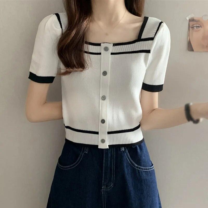 Damen Retro-Strick-Kurzarm-T-Shirt mit quadratischem Ausschnitt und Neckholder-Kurzoberteil