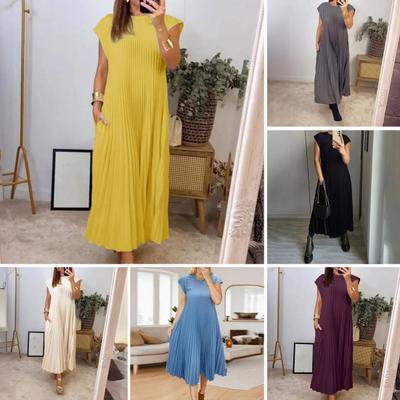 Vestido Midi de Verano sin Mangas para Mujer Casual Cuello Redondo Plisado Línea A con Vuelo Largo y Fluido para Fiesta