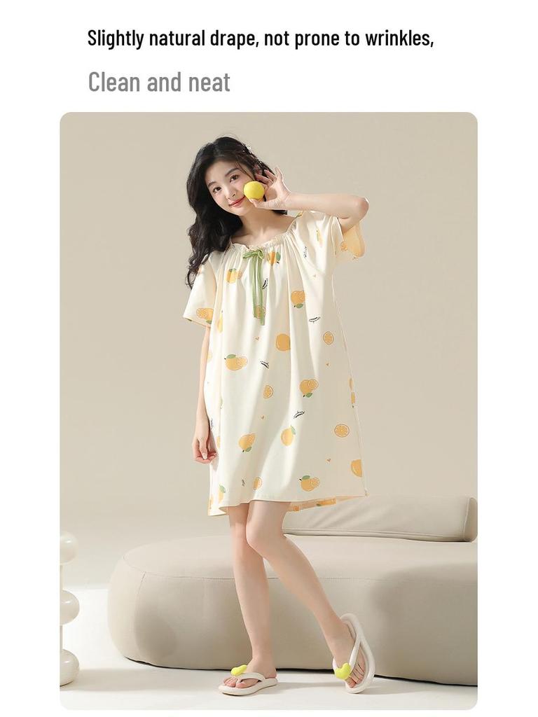 7A Women's Antibacterial Cotton Nightgown, Short Sleeve, Plus Size, Medium Length, Versatile for Outdoor Wear, Sweet Summer Home Dress